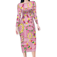 Hawaiian Leis Family Matching Long Sleeve Bodycon Dress and Hawaiian Shirt Kakau Tattoos and Palaka Pastel Pink Color
