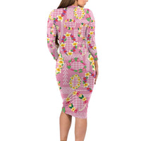 Hawaiian Leis Family Matching Long Sleeve Bodycon Dress and Hawaiian Shirt Kakau Tattoos and Palaka Pastel Pink Color