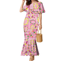 Hawaiian Leis Family Matching Mermaid Dress and Hawaiian Shirt Kakau Tattoos and Palaka Pastel Pink Color