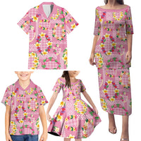 Hawaiian Leis Family Matching Puletasi and Hawaiian Shirt Kakau Tattoos and Palaka Pastel Pink Color