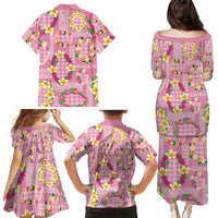 Hawaiian Leis Family Matching Puletasi and Hawaiian Shirt Kakau Tattoos and Palaka Pastel Pink Color