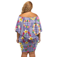Hawaiian Leis Family Matching Off Shoulder Short Dress and Hawaiian Shirt Kakau Tattoos and Palaka Pastel Purple Color
