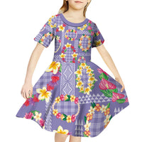 Hawaiian Leis Kid Short Sleeve Dress Kakau Tattoos and Palaka Pastel Purple Color