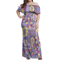 Hawaiian Leis Off Shoulder Maxi Dress Kakau Tattoos and Palaka Pastel Purple Color