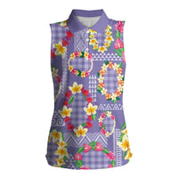 Hawaiian Leis Women Sleeveless Polo Shirt Kakau Tattoos and Palaka Pastel Purple Color