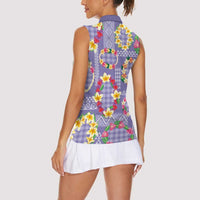 Hawaiian Leis Women Sleeveless Polo Shirt Kakau Tattoos and Palaka Pastel Purple Color