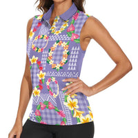 Hawaiian Leis Women Sleeveless Polo Shirt Kakau Tattoos and Palaka Pastel Purple Color