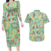 Hawaiian Leis Couples Matching Long Sleeve Bodycon Dress and Hawaiian Shirt Kakau Tattoos and Palaka Pastel Green Color