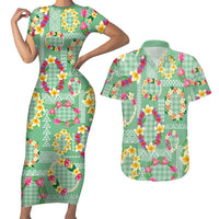 Hawaiian Leis Couples Matching Short Sleeve Bodycon Dress and Hawaiian Shirt Kakau Tattoos and Palaka Pastel Green Color