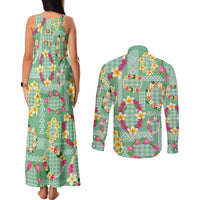 Hawaiian Leis Couples Matching Tank Maxi Dress and Long Sleeve Button Shirt Kakau Tattoos and Palaka Pastel Green Color