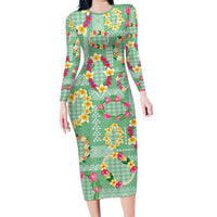 Hawaiian Leis Family Matching Long Sleeve Bodycon Dress and Hawaiian Shirt Kakau Tattoos and Palaka Pastel Green Color