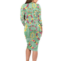 Hawaiian Leis Family Matching Long Sleeve Bodycon Dress and Hawaiian Shirt Kakau Tattoos and Palaka Pastel Green Color