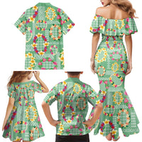 Hawaiian Leis Family Matching Mermaid Dress and Hawaiian Shirt Kakau Tattoos and Palaka Pastel Green Color