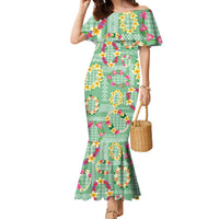 Hawaiian Leis Family Matching Mermaid Dress and Hawaiian Shirt Kakau Tattoos and Palaka Pastel Green Color