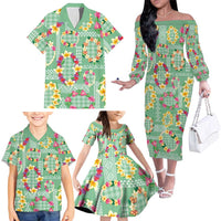 Hawaiian Leis Family Matching Off The Shoulder Long Sleeve Dress and Hawaiian Shirt Kakau Tattoos and Palaka Pastel Green Color