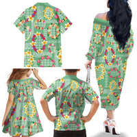 Hawaiian Leis Family Matching Off The Shoulder Long Sleeve Dress and Hawaiian Shirt Kakau Tattoos and Palaka Pastel Green Color