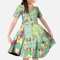 Hawaiian Leis Family Matching Short Sleeve Bodycon Dress and Hawaiian Shirt Kakau Tattoos and Palaka Pastel Green Color