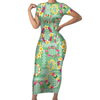 Hawaiian Leis Family Matching Short Sleeve Bodycon Dress and Hawaiian Shirt Kakau Tattoos and Palaka Pastel Green Color