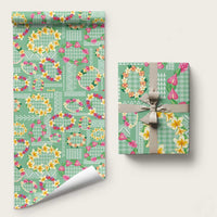 Hawaiian Leis Wrapping Paper Kakau Tattoos and Palaka Pastel Green Color LT03 58" × 23" Green - Polynesian Pride