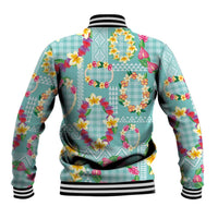Hawaiian Leis Baseball Jacket Kakau Tattoos and Palaka Pastel Teal Color