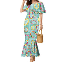 Hawaiian Leis Family Matching Mermaid Dress and Hawaiian Shirt Kakau Tattoos and Palaka Pastel Teal Color