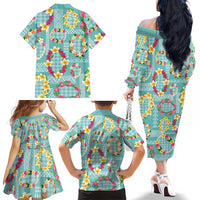 Hawaiian Leis Family Matching Off The Shoulder Long Sleeve Dress and Hawaiian Shirt Kakau Tattoos and Palaka Pastel Teal Color