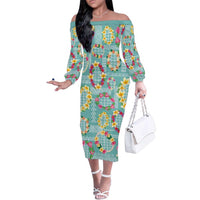 Hawaiian Leis Family Matching Off The Shoulder Long Sleeve Dress and Hawaiian Shirt Kakau Tattoos and Palaka Pastel Teal Color