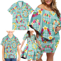 Hawaiian Leis Family Matching Off Shoulder Short Dress and Hawaiian Shirt Kakau Tattoos and Palaka Pastel Teal Color