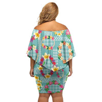 Hawaiian Leis Family Matching Off Shoulder Short Dress and Hawaiian Shirt Kakau Tattoos and Palaka Pastel Teal Color