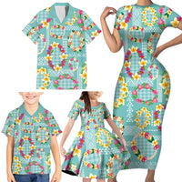 Hawaiian Leis Family Matching Short Sleeve Bodycon Dress and Hawaiian Shirt Kakau Tattoos and Palaka Pastel Teal Color