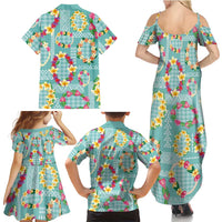 Hawaiian Leis Family Matching Summer Maxi Dress and Hawaiian Shirt Kakau Tattoos and Palaka Pastel Teal Color
