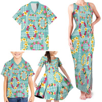 Hawaiian Leis Family Matching Tank Maxi Dress and Hawaiian Shirt Kakau Tattoos and Palaka Pastel Teal Color
