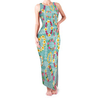 Hawaiian Leis Family Matching Tank Maxi Dress and Hawaiian Shirt Kakau Tattoos and Palaka Pastel Teal Color