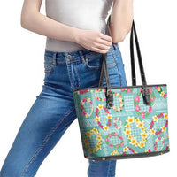 Hawaiian Leis Leather Tote Bag Kakau Tattoos and Palaka Pastel Teal Color LT03 - Polynesian Pride