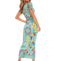 Hawaiian Leis Short Sleeve Bodycon Dress Kakau Tattoos and Palaka Pastel Teal Color