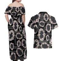 Hawaiian Leis Couples Matching Off Shoulder Maxi Dress and Hawaiian Shirt Kakau Tattoos and Palaka Pastel Grayscale
