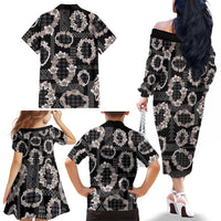 Hawaiian Leis Family Matching Off The Shoulder Long Sleeve Dress and Hawaiian Shirt Kakau Tattoos and Palaka Pastel Grayscale