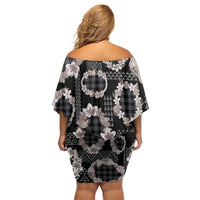 Hawaiian Leis Family Matching Off Shoulder Short Dress and Hawaiian Shirt Kakau Tattoos and Palaka Pastel Grayscale
