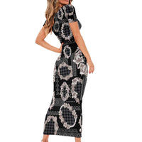 Hawaiian Leis Family Matching Short Sleeve Bodycon Dress and Hawaiian Shirt Kakau Tattoos and Palaka Pastel Grayscale