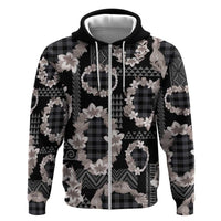 Hawaiian Leis Hoodie Kakau Tattoos and Palaka Pastel Grayscale LT03 Zip Hoodie Black - Polynesian Pride