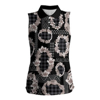 Hawaiian Leis Women Sleeveless Polo Shirt Kakau Tattoos and Palaka Pastel Grayscale