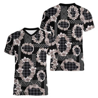 Hawaiian Leis Women V-Neck T-Shirt Kakau Tattoos and Palaka Pastel Grayscale