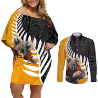 New Zealand and Australia Rugby Couples Matching Off Shoulder Short Dress and Long Sleeve Button Shirt Koala and Maori Warrior Together