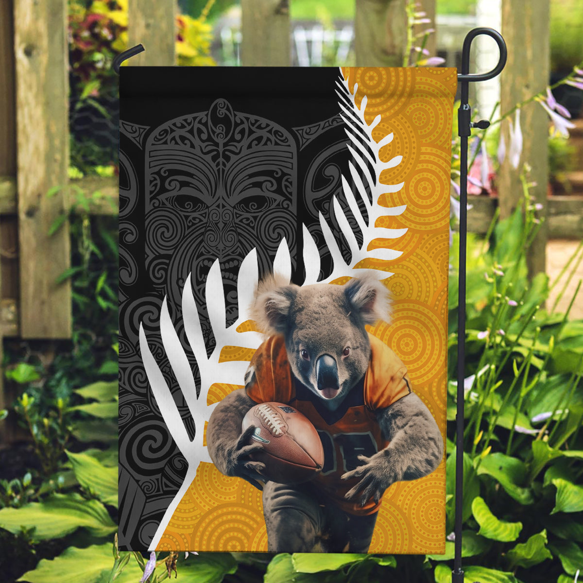 New Zealand and Australia Rugby Garden Flag Koala and Maori Warrior Together