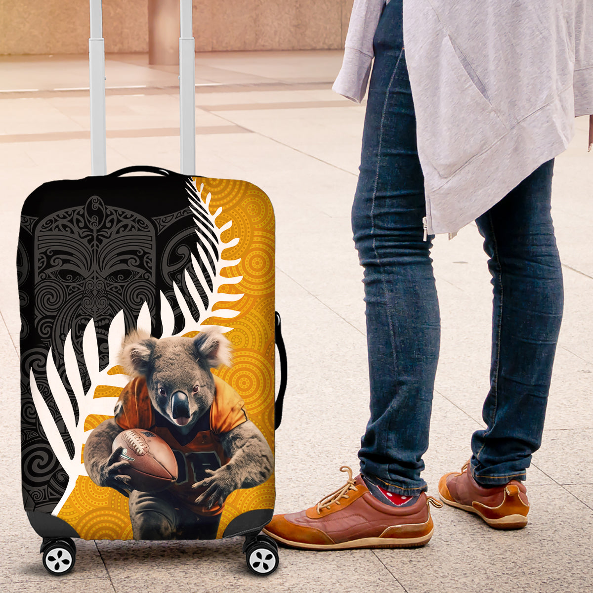 New Zealand and Australia Rugby Luggage Cover Koala and Maori Warrior Together