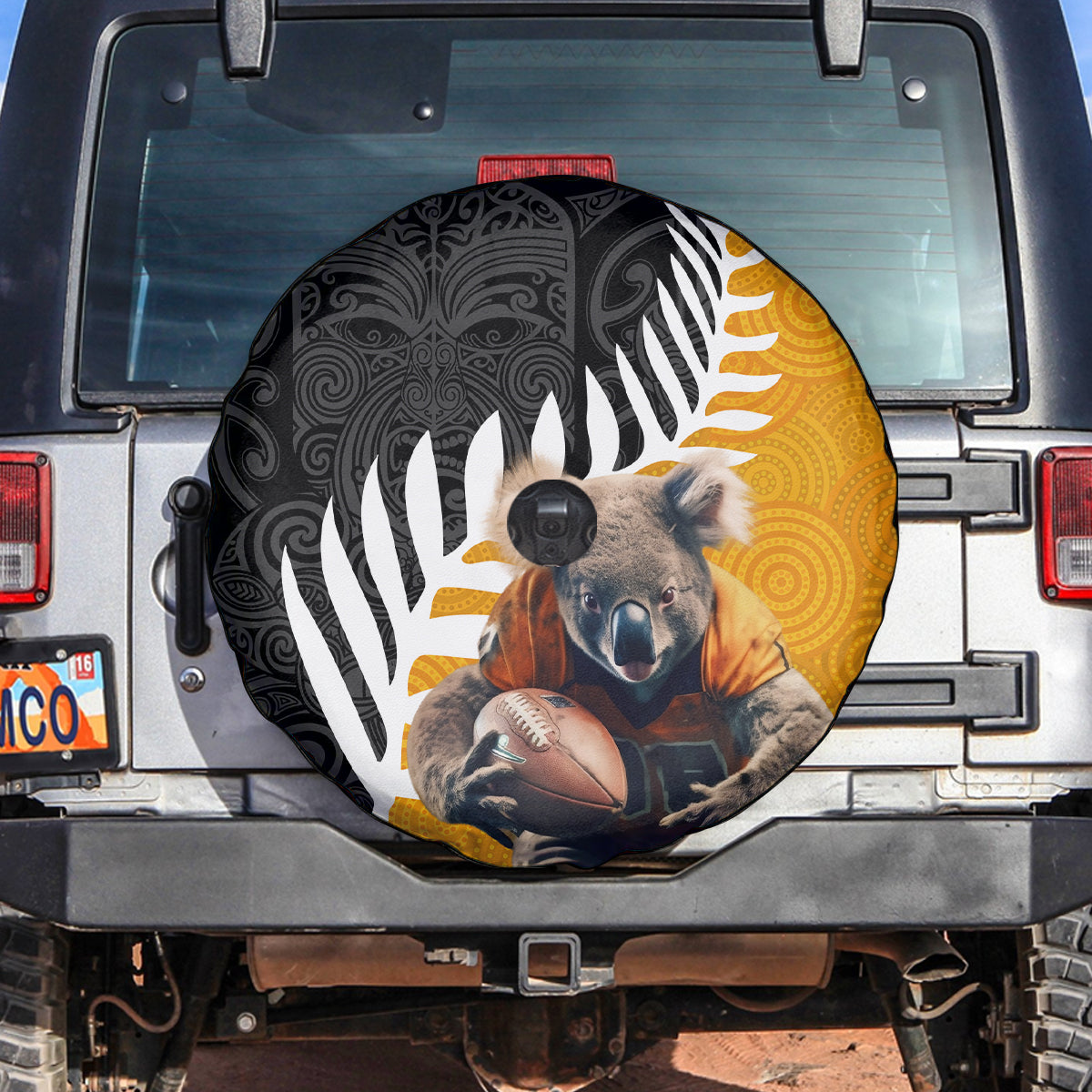 New Zealand and Australia Rugby Spare Tire Cover Koala and Maori Warrior Together