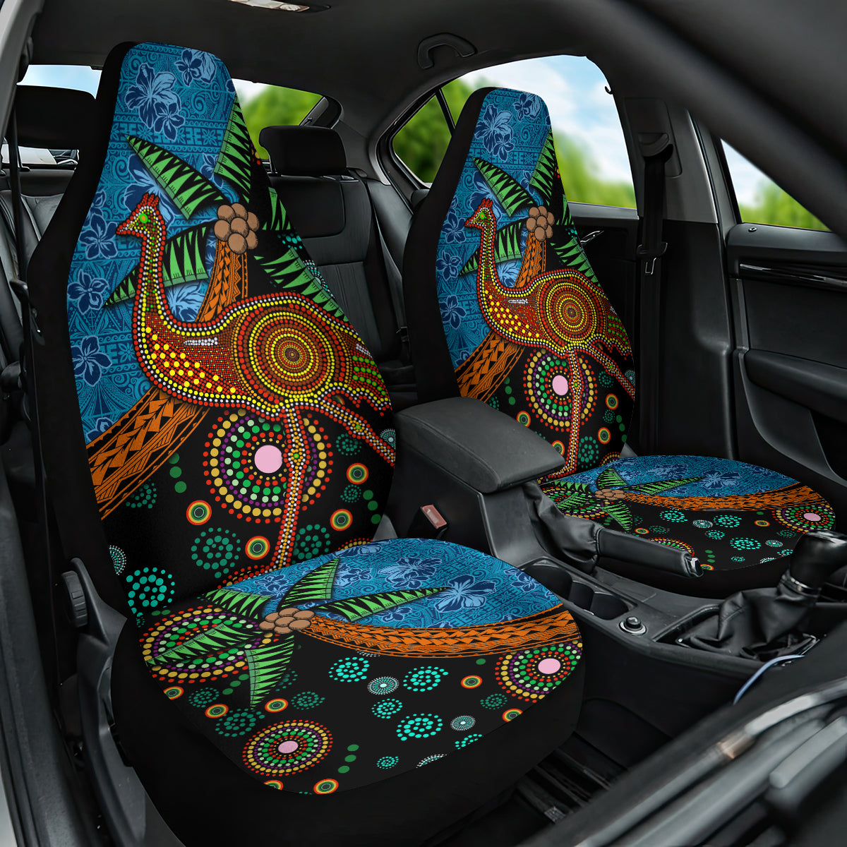Fiji and Australia Car Seat Cover Palm Tree and Abogirinal Emu