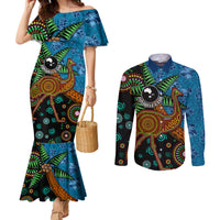Fiji and Australia Couples Matching Mermaid Dress and Long Sleeve Button Shirt Palm Tree and Abogirinal Emu LT03 Blue - Polynesian Pride
