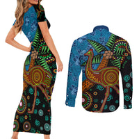 Fiji and Australia Couples Matching Short Sleeve Bodycon Dress and Long Sleeve Button Shirt Palm Tree and Abogirinal Emu