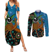 Fiji and Australia Couples Matching Summer Maxi Dress and Long Sleeve Button Shirt Palm Tree and Abogirinal Emu LT03 Blue - Polynesian Pride